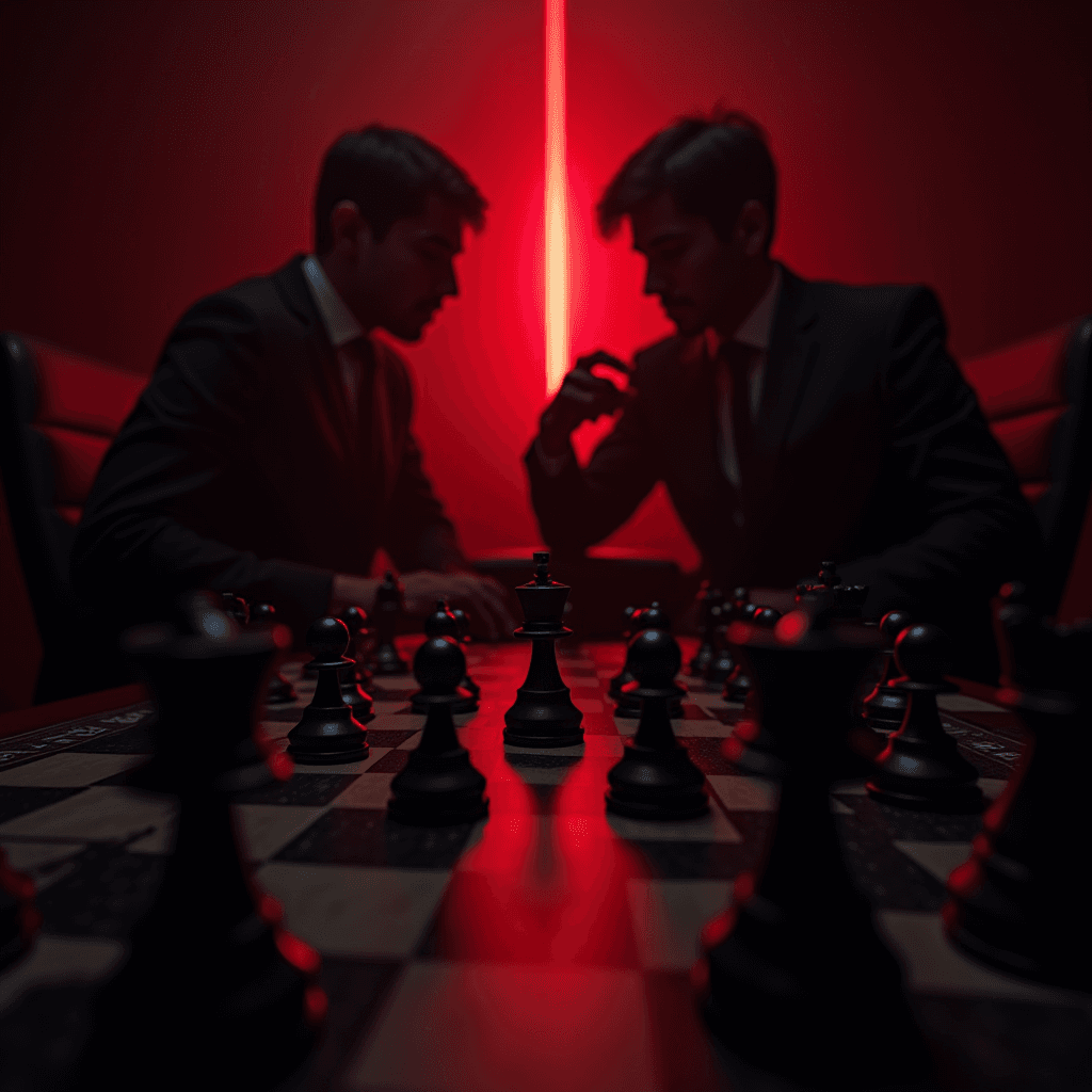 Two individuals intensely engaged in a game of chess under dramatic red lighting.