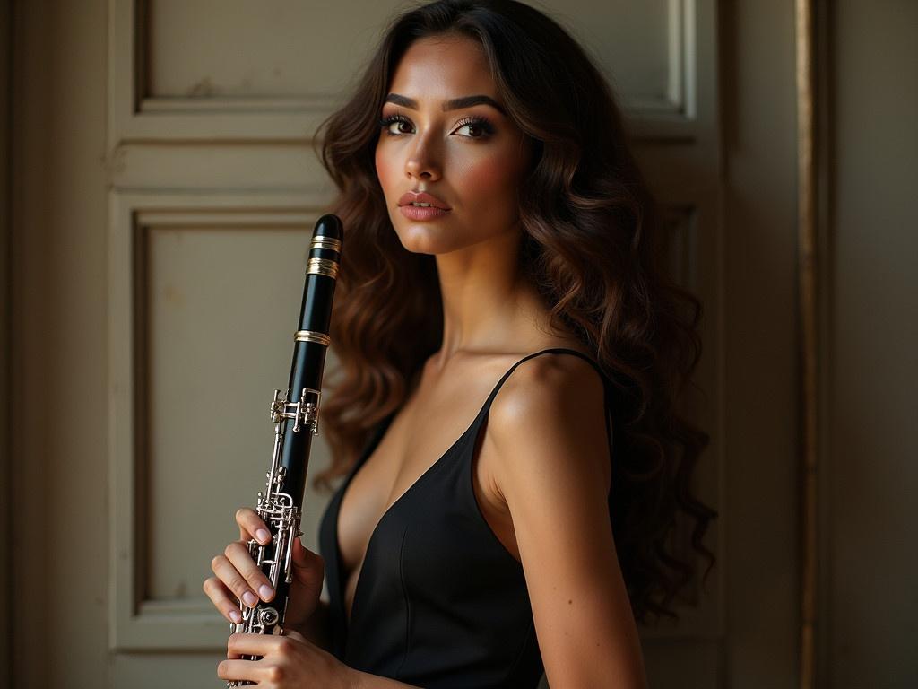 The image features a graceful person holding a clarinet, showcasing an elegant pose. They have long, luxurious wavy hair that adds to the sophistication of the scene. The lighting is soft, creating an inviting and warm atmosphere. The individual is dressed in a stylish outfit highlighting their figure while also being tasteful. The focus is on the artistry of music and the beauty of the person, capturing a moment of silent melody.