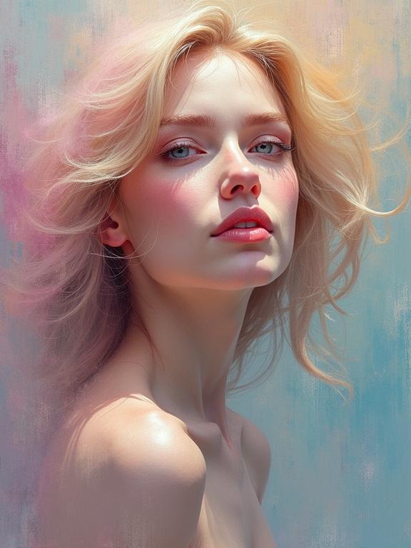 Create an abstract portrait of a woman. Emphasize oil painting style. Use pastel colors and layering techniques for depth. Light interacts with layers for luminosity. Center composition with flowing background.