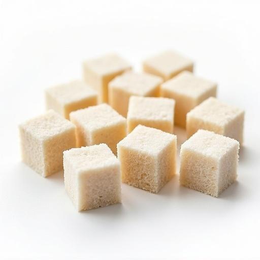 Top view of multiple sugar cubes on a white background. Arrangement appears neat and orderly.