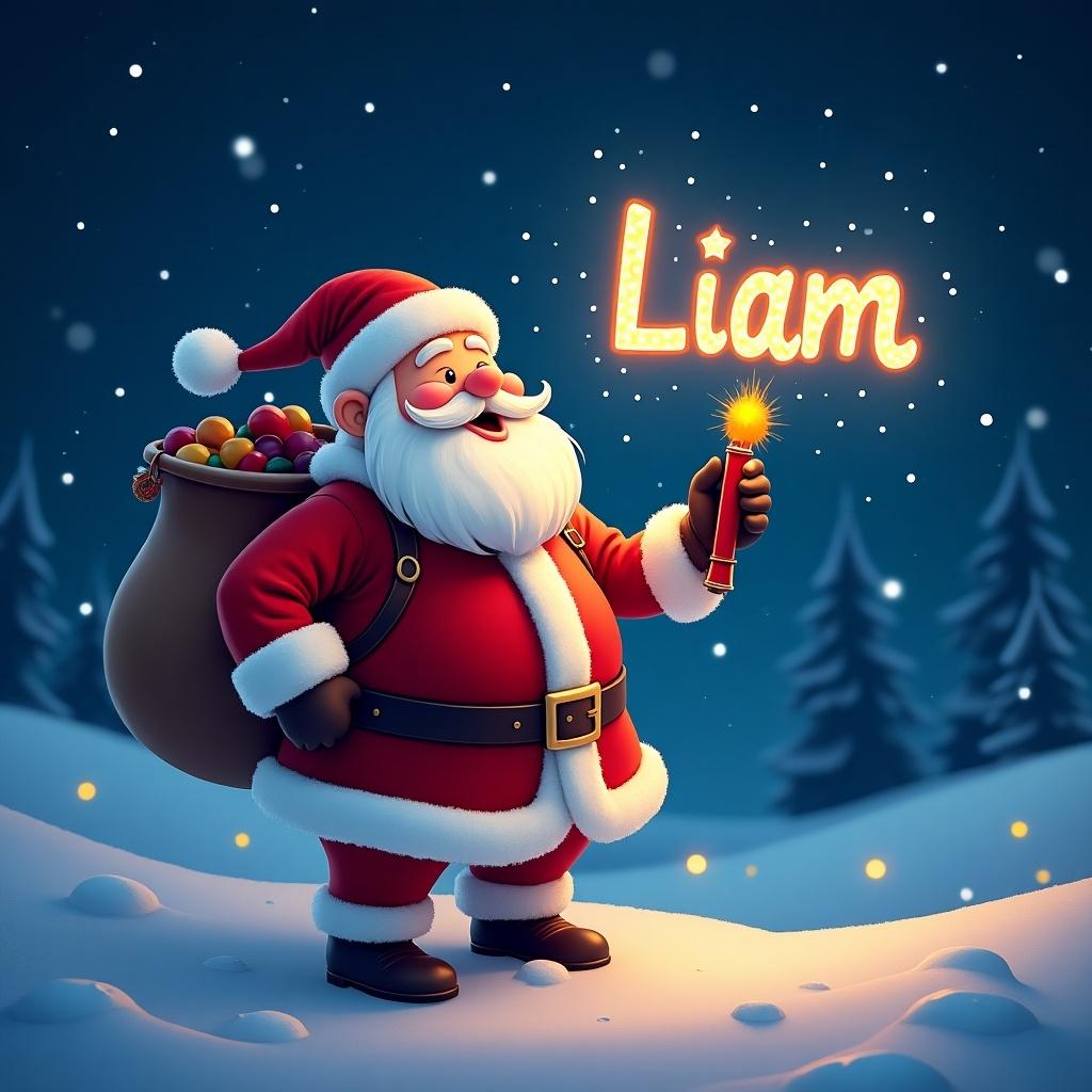 A cheerful Santa Claus is standing in a snowy landscape, holding a colorful glow pen. He is playfully writing 'Liam' in the sky, creating a bright and colorful text that stands out. The background features tall evergreen trees dusted with snow, with soft, twinkling lights. Santa is dressed in his traditional red and white outfit, complete with a large sack filled with colored ornaments on his back. The scene radiates a joyful Christmas spirit, perfect for capturing the magic of the holiday season.