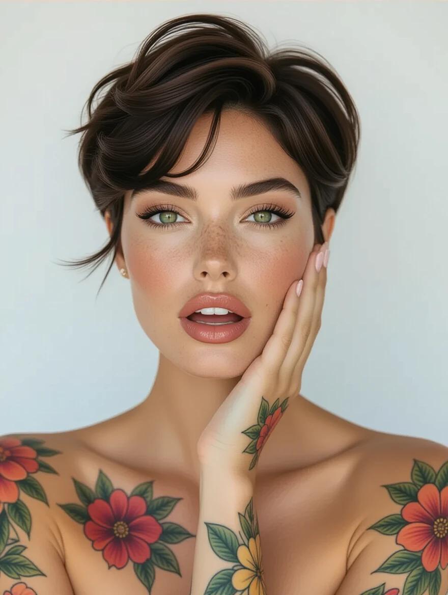 A beautiful woman with short straight black hair and blunt bangs. Huge green eyes with long lashes. Full plump lips slightly open. American shot without clothing. One arm fully tattooed with hibiscus flowers. Touching her face with one hand.
