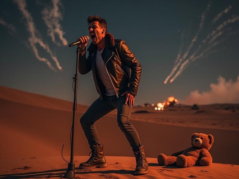 Rock singer in leather jacket screaming into microphone at night in Negev desert. Missile trails in background with tanks visible in thermal vision. Abandoned teddy bear near boots. Hyper-realistic war photography style with cinematic lighting.