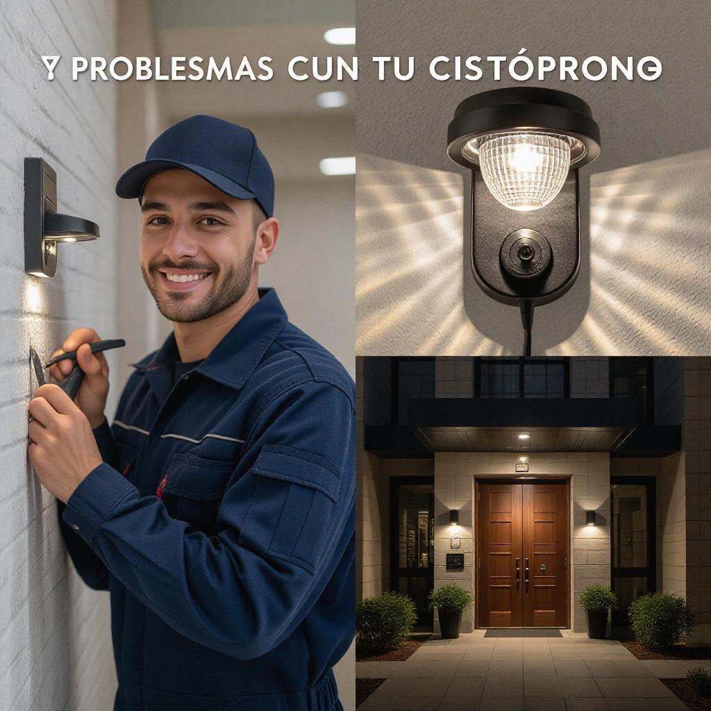 Close-up of a technician in uniform smiling while repairing an intercom on a wall. Tools visible in hands with focus on professionalism and satisfaction. Alternative image of a modern intercom installed at a residential entrance with soft lighting. Top text: '¿Problemas con tu citófono?' Central call to action: '¡Cotiza Ahora!' with attention-grabbing design. Bottom shows WhatsApp button with number 3195209383 and text 'Contáctanos ahora'. Company logo discreetly placed. Blurred background of residential or office building.
