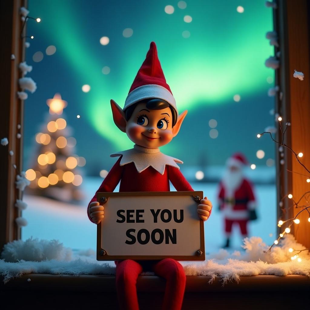 This image depicts a charming elf from the Elf on the Shelf tradition, cheerfully holding a sign that reads 'SEE YOU SOON'. The elf is set against a beautiful backdrop of shimmering northern lights in the sky. In the blurred background, Santa Claus is visible, adding a touch of festive spirit. The window frame is adorned with snow and twinkling lights, creating a warm and magical atmosphere. This composition evokes feelings of joy and anticipation for the holiday season.