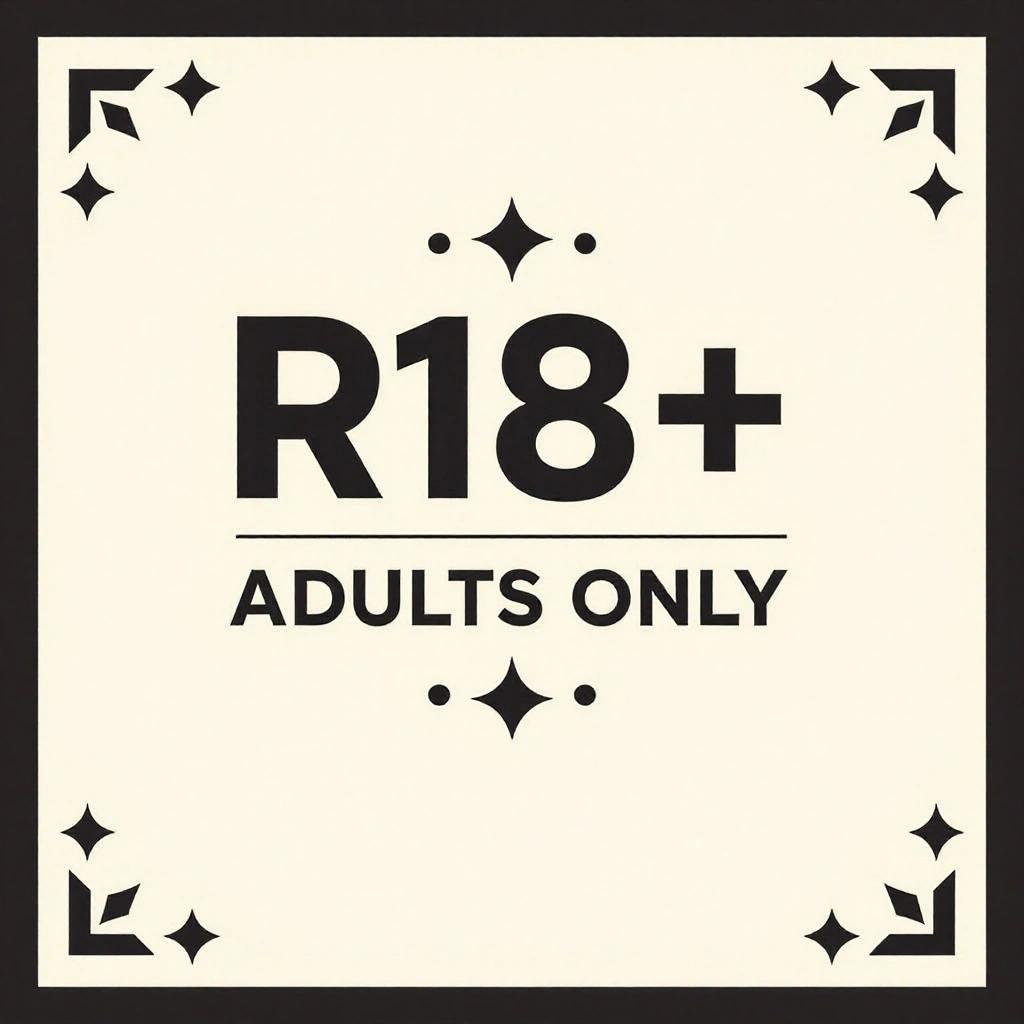 Text stating 'R18+' followed by 'ADULTS ONLY'. Style mimics Solo Leveling logo text style. Features star and diamond shapes as accents. Background is pure white. Thick solid black border surrounds the design. High-contrast black-on-white text.