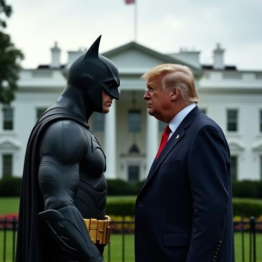 Batman stands next to Donald Trump in front of the White House. Batman wears a black suit and utility belt. Trump wears a suit with a red tie. They face each other.