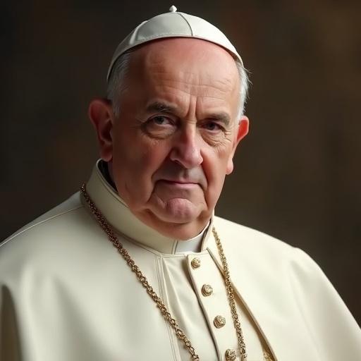 Transform an image to show a hyper-realistic portrait of a new Pope. The figure wears traditional papal clothing including a mitre and white cassock with gold details. The expression conveys solemnity and wisdom with a deep, serene gaze. The background illustrates the Vatican with a bright and sacred atmosphere, using soft lighting to enhance the details of the face and clothing. The image emphasizes authority and spirituality, maintaining high realism and detail in skin, fabrics, and light reflections.