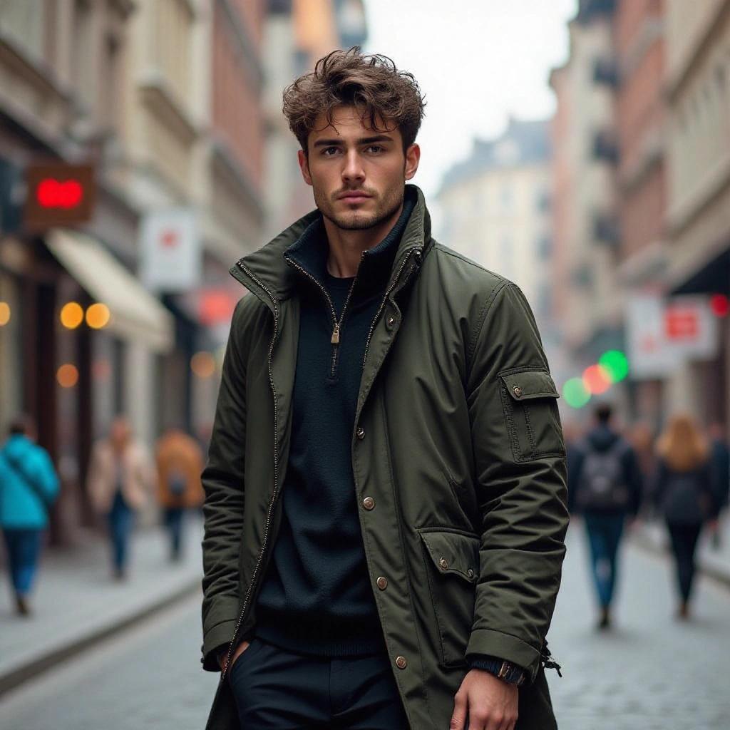 Young man in an urban setting. Olive green parka. Messy hair. Captures moments of quiet determination. Exploring personal journey. Theme of insecurity and heroism. Casual style. Tension between goofiness and accidental heroism.