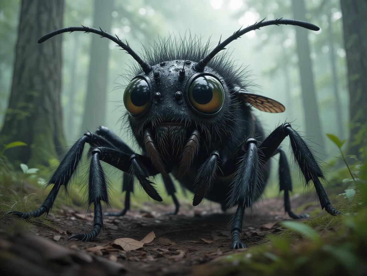 Strange furry humanlike insect creature stands in a lush green forest. High realism achieved with slimy textures and huge expressive eyes. Scene captures nature documentary style featuring depth and detail.