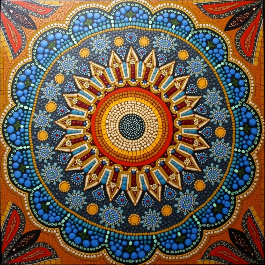 Colorful mosaic with intricate details. Circular design featuring blue and orange colors. Geometric patterns enhance the visual appeal. Decorative art style.