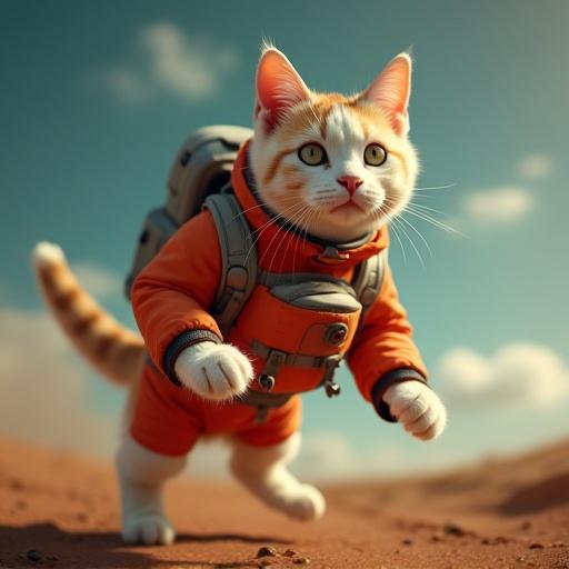 A cat in a spacesuit running on a sandy terrain with a playful expression. Background shows a cloudy sky and distant landscapes. A whimsical representation of space exploration with a feline twist.