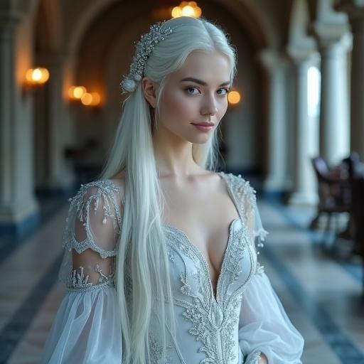Elegant adult woman with long platinum blonde hair adorned with icy crystal ornaments. She has a gentle smile and porcelain-smooth pale skin. The flowing gown has icy fabrics and ornate silver embroidery. The setting is a grand candlelit dining hall with tall arched windows.