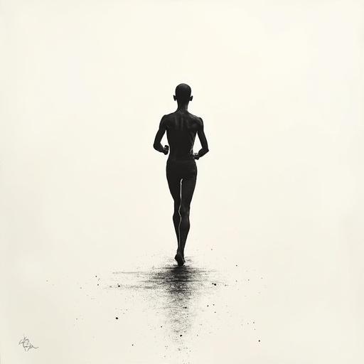 Minimalist bald human silhouette fills the image. Thin tall teen runs along a long road to the horizon. Monochrome sketch uses delicate ink lines on textured paper. Overall serene mood inspired by traditional brushwork.