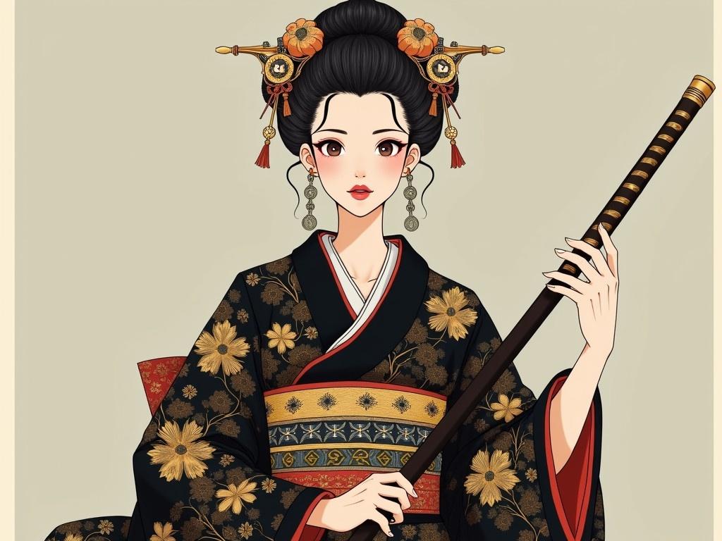 The image features a woman dressed in an elaborate traditional Japanese kimono. The kimono is primarily black with intricate gold designs, showcasing beautiful floral patterns. She has ornate hair accessories that complement her attire, adding to the regal appearance. The woman's posture is elegant, and she is holding a traditional weapon, suggesting a narrative of strength and grace. The background is a soft color that highlights the details of her outfit without detracting from the focus on her attire and accessories.