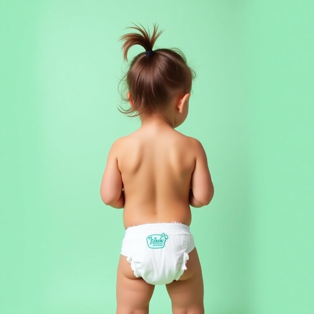 Child with ponytail. Child wearing diaper. Mint green background. Playful nature of childhood. Branding on the diaper is clear.