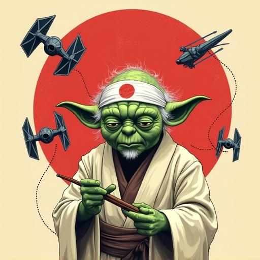 A creative fan art merging Star Wars and The Karate Kid. Yoda styled like Mr. Miyagi has green skin and is holding chopsticks. The background features a large red circle similar to the Japanese flag with flying TIE Fighters.