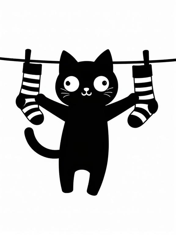 Black silhouette of a Kawaii-style cartoon cat hanging from a clothesline which is stuck between two striped socks. Big white eyes and claws digging into the line. Simple black and white style with transparent background. Playful graphic look that suits dark and light shirts.