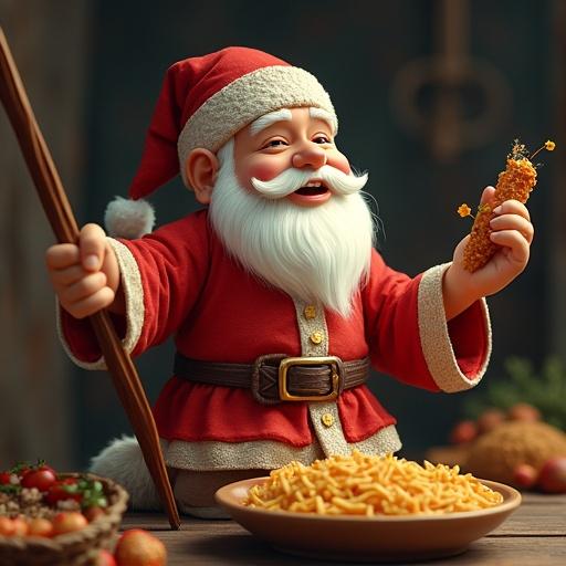Santa Claus in a red suit enjoying delicious food with a festive atmosphere. Warm lighting creates a joyful scene with holiday decorations.