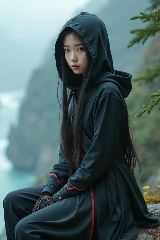 Young Chinese woman with long black hair styled in pigtails. Dressed in a hooded assassin's uniform. Seated on a cliff with ocean view. Looking wistfully into the distance. Forest backdrop.