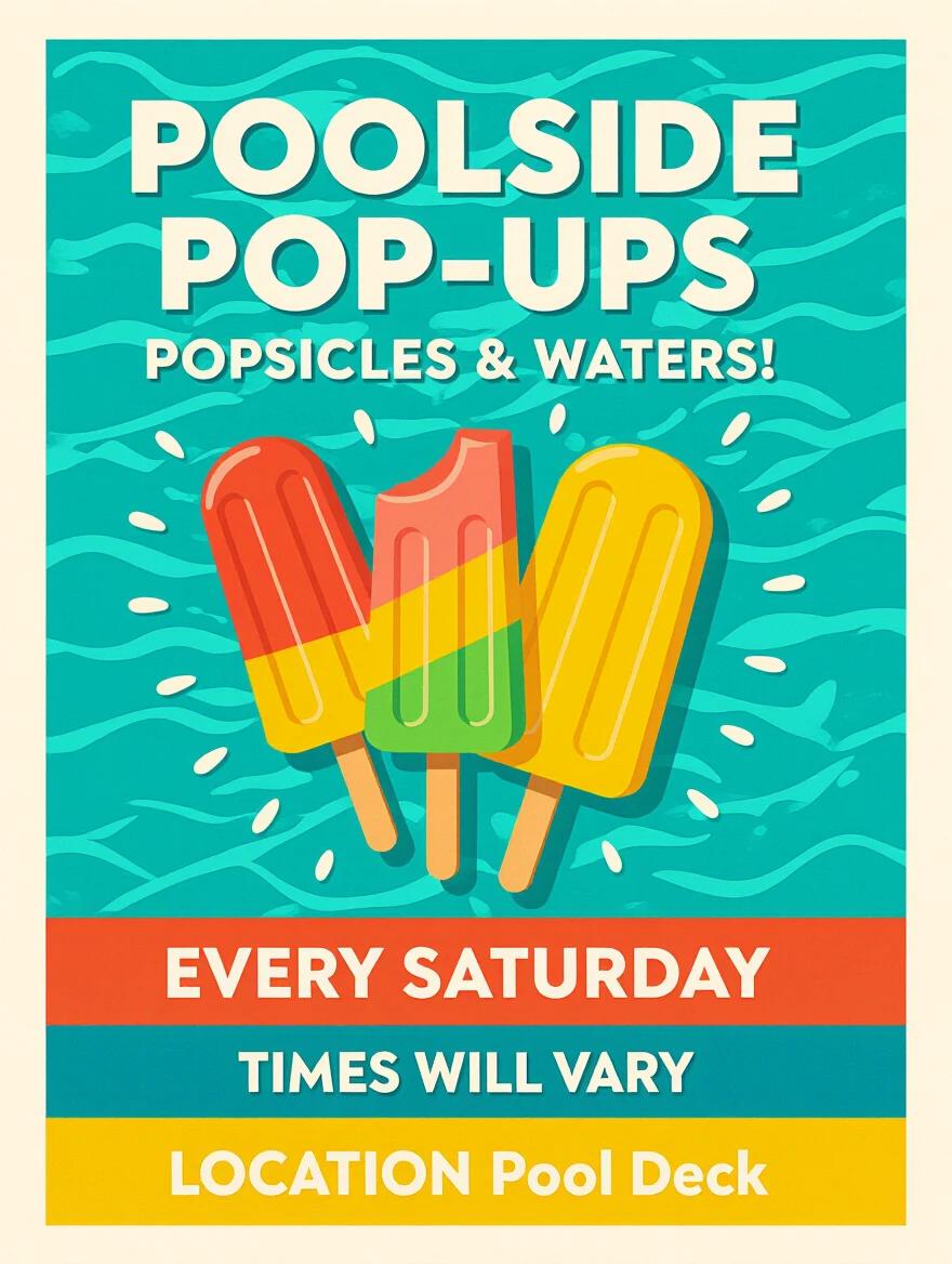 Create a vibrant flyer for Poolside Pop-Ups featuring popsicles and waters. Display event name prominently. Mention event held every Saturday with varying times. Include location details at Pool Deck. Use bright colors and playful design elements.