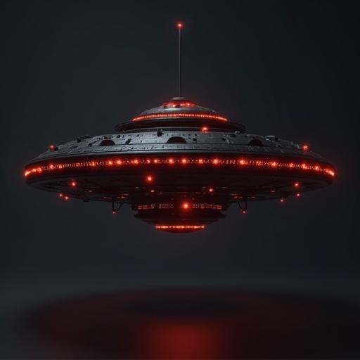 Simple 3D UFO model with a sinister and dark appearance. Dominant black color scheme featuring glowing angry alien lights. Atmosphere is futuristic and intimidating.