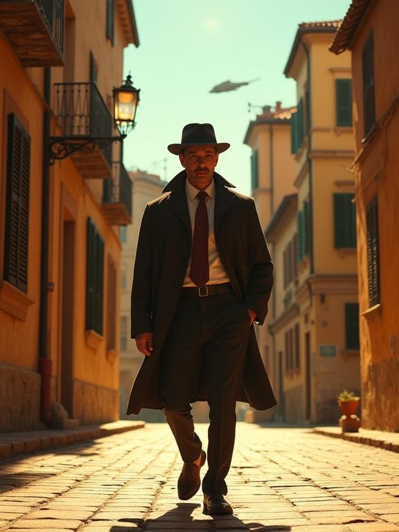 Detective dressed in a coat and hat walking in a retro futuristic Italian neighborhood with old buildings and terracotta tiles. Starships are in the sky during golden hour, evoking a pensive mood.