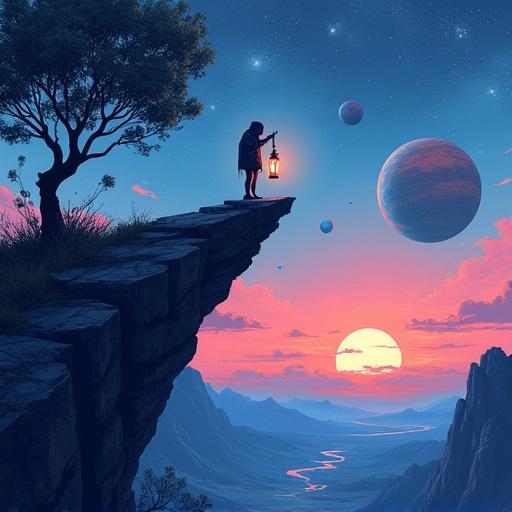Surreal illustration features a melting clock on a floating mountain under a purple sky filled with planets. Trees grow upside-down and birds have paper wings. A hooded figure observes from a distance holding a lantern emitting liquid blue light. Scene evokes mystery, distorted time, and a sense of lucid dreaming, characterized by vibrant colors and dramatic shadows, in digital art style.