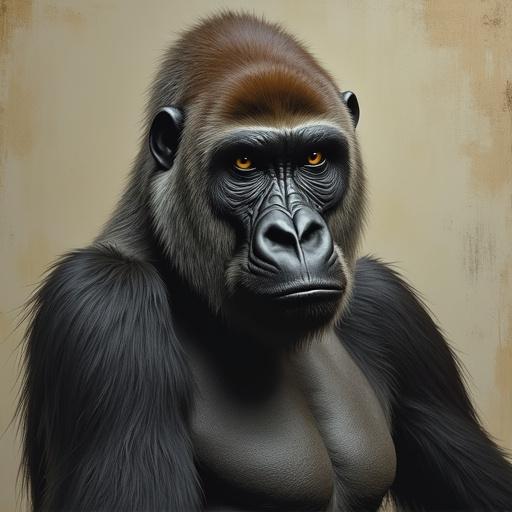 A duck sits on top of a gorilla's head. The style is oil painting. The gorilla has a powerful build and thick fur. The background is plain and textured. The duck appears calm and at ease.