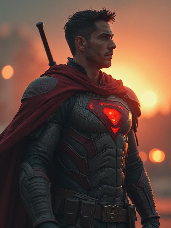 A photorealistic image of a fictional hero standing tall in modern settings. The hero possesses a brave demeanor while hints of a challenging fate loom. Dramatic sunset creates an atmosphere of hope and destiny.