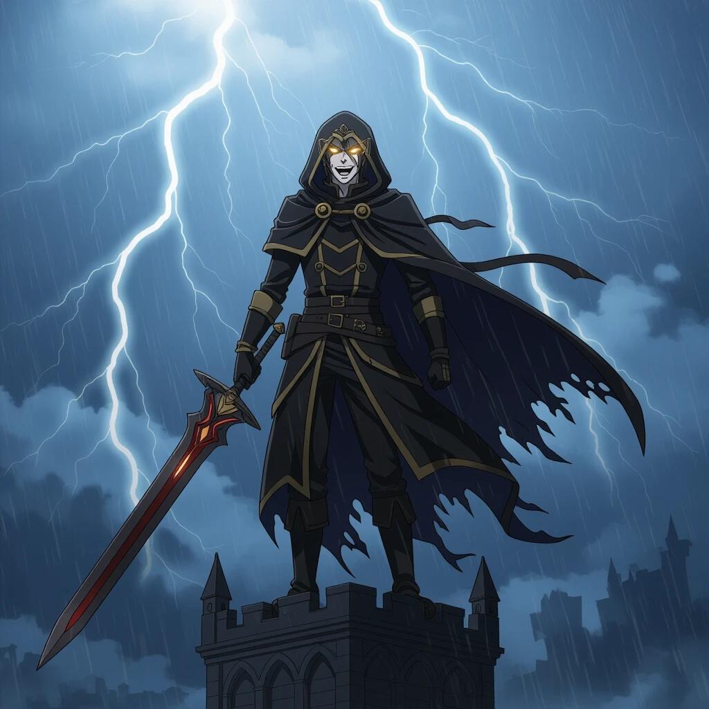 Anime character stands atop a tall gothic tower on a stormy night. Character wears a black hooded cloak with gold accents and torn edges. He holds a dark sword. His posture is powerful and ominous. Character laughs maniacally under rain. Flashes of lightning illuminate his glowing eyes. Background features thunderclouds and distant flashes. He appears cunning and mysterious as an antagonist.