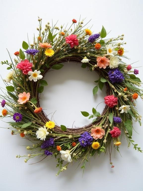 Circular wreath made with diverse wildflowers. Flowers include pink daisies yellow asters purple lilacs orange marigolds white chrysanthemums. Green leaves integrated throughout wreath.