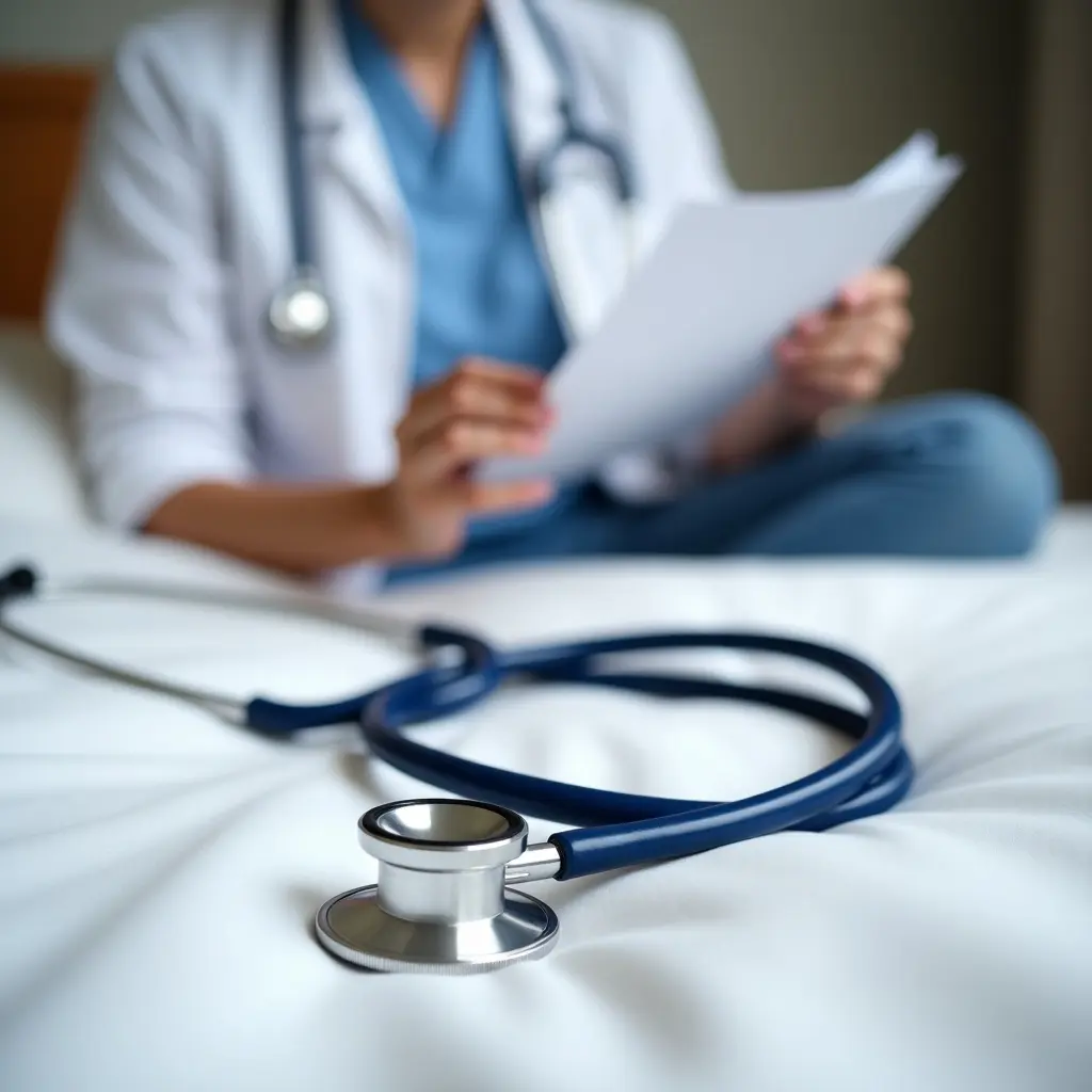 Stethoscope lies on a bed. Person holds a note in the background. A healthcare professional appears engaged in reading notes. The setting is calm and clinical.