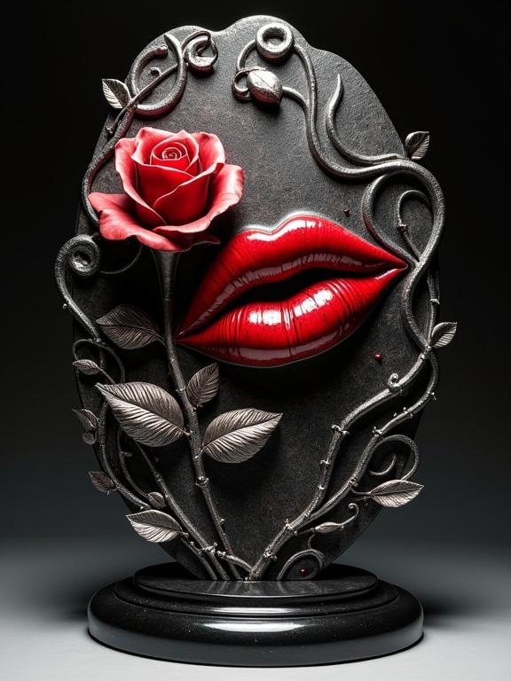 Dramatic 3D stainless steel engraving features plump parted lips in detail. Crimson trails of blood shown as flowing grooves in the steel. An oversized velvet rose carved left of the lips with a thorny stem. Metallic smoke curls around the lips and rose. Framed by vines, thorns, and droplets. Rests on dark reflective base illuminated by spotlight.