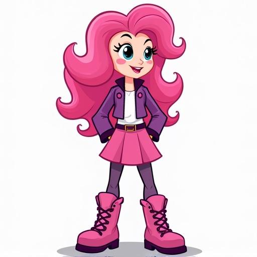 A cartoon girl with curly candy-pink hair. She's wearing a pink biker jacket, white and pink shirt, pink skirt with a belt, dark-pink leggings, purple boot-socks and pink hiking boots with dark-pink laces and dark-pink soles. No background.