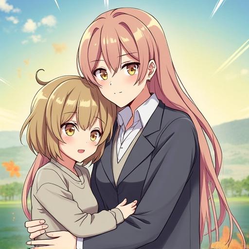 Two anime characters in a soft embrace. One character has long pink hair while the other has shorter brown hair. They stand outdoors with a bright background of sky and nature.