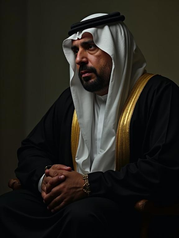 Medium shot of a man in traditional Arab dress. Black bisht and white ghutrah worn. Gold ring on finger. Man handcuffed to chair. Sweat on forehead. Anxious expression noted. Dramatic side-lighting casts sharp shadows. High-resolution image.