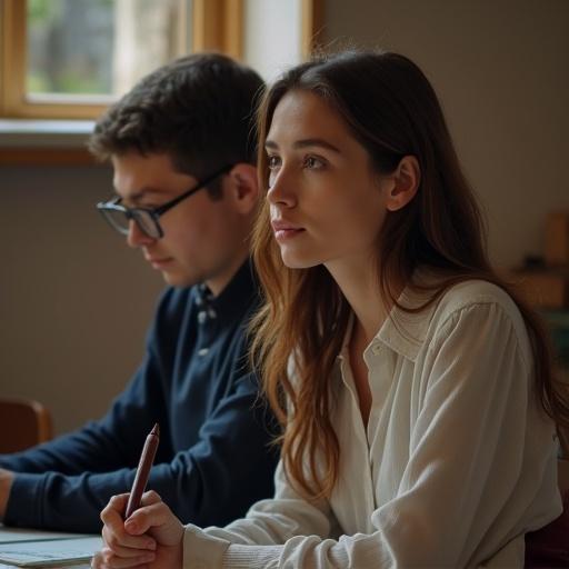A girl studying in law school with a focused expression. A man sitting nearby also studying. Natural light from a window adds warmth to the scene.