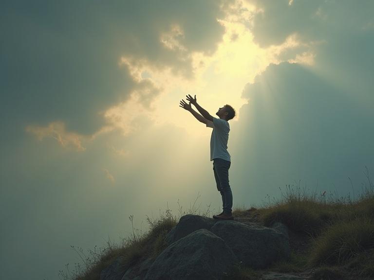 Photorealistic image of a human figure on a high hill. Arms extended to the sky in a pleading gesture. Face inclined downwards showing desperation and hope. Dramatic sky with dense clouds and golden light piercing through. Rocky and silent landscape, conveying solitude.