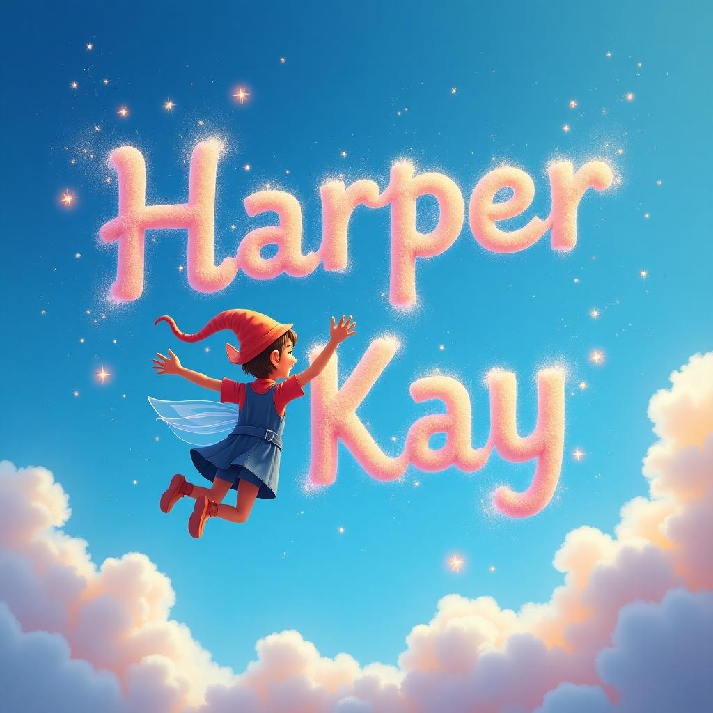 The image features an elf with a playful expression, soaring through a dreamy sky filled with fluffy clouds. She is reaching out towards the name 'Harper Kay', which is written in sparkling, fluffy letters among the clouds. The background is a beautiful gradient of sky blue and soft pink, creating a whimsical atmosphere. The elf is wearing a red hat and dress, embodying the spirit of adventure and joy. Overall, the composition evokes a sense of magic and enchantment.