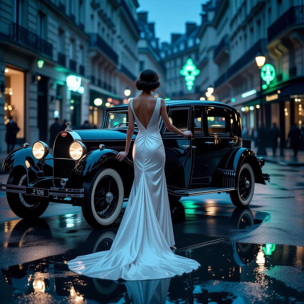 Paris at midnight in 1925. A woman in a matte white dress opens the door of a classic Bugatti Type 35. Rain-slicked asphalt reflects neon lights. The scene captures elegant fashion and artistic elements from the Art Deco era.
