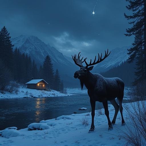 Moose standing in a snowy valley near a river at night. Cabin in the distance with a light in the window. Dark night sky with clouds and stars, including a falling star.
