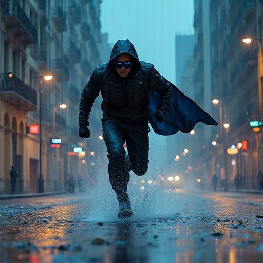 Action scene at night featuring a determined superhero chasing a desperate thief through a rainy, neon-lit metropolis with a kidnapped child
