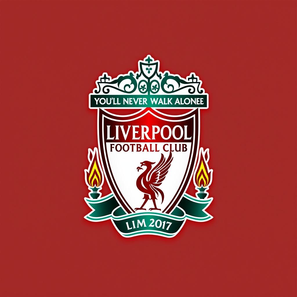 Liverpool Football Club badge displayed prominently on red background. Features the motto 'You'll Never Walk Alone' with the name Liam incorporated.