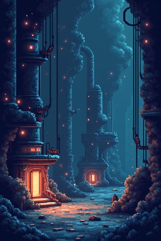 Pixel art style depicting a mysterious scientist lair with towering structures and glowing doorways amidst swirling mist