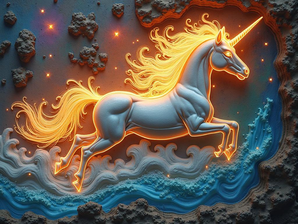A semi-gilded glowing unicorn speeds through liquid light vortexes. The style resembles tribal petroglyphs carved into a decayed fresco mural. Surrounding are swirling psychedelic oil slicks and shimmering colors, with motion blur and recursive distortions in shifting light.