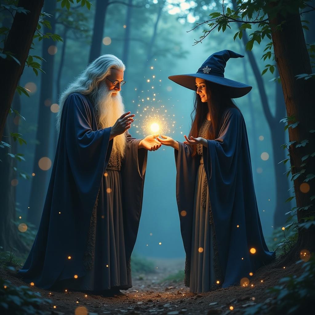 Two magical characters in an enchanted forest. A wizard with long grey hair and a witch wearing a pointed hat stand facing each other. They create a glowing orb of magic between them. The atmosphere is mystical and captivating.