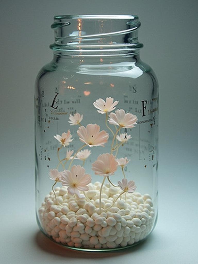 Glass jar filled with white pebbles and delicate pink flowers. Soft lighting enhances its beauty. Perfect for home decoration.