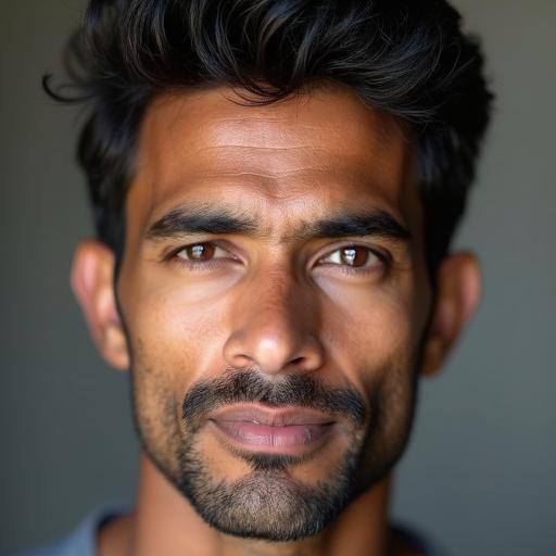 Headshot of a middle-aged North Indian man. Clean-shaven face with no beard or moustache. Frontal view. Soft natural lighting.