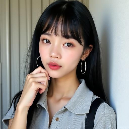 Portrait-style photograph of a woman with fair skin and long black hair styled with bangs. Features large eyes and subtle makeup focusing on eyes and lips. Wears a light gray ribbed polo shirt and silver hoop earrings. Black strap visible over shoulders. Background has white wall and vertical blinds. Subject looks directly at the camera, head tilted with hand near chin.